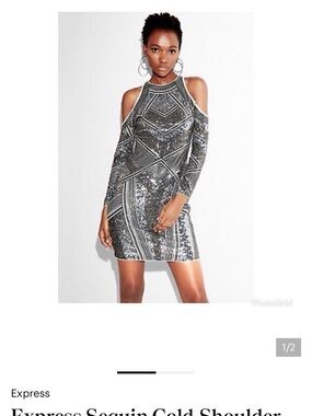 Express Silver Sequin Cold-Shoulder Long Sleeve Mini Dress